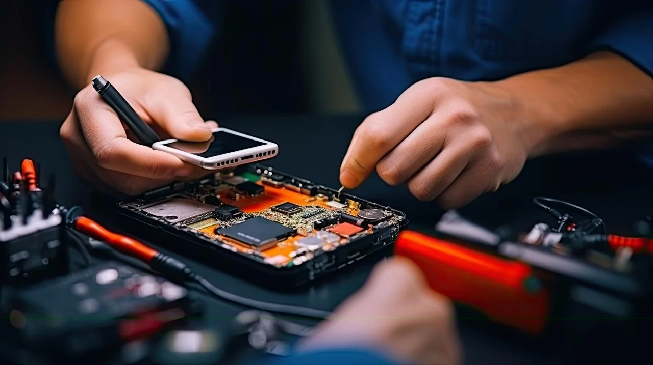Professional mobile phone repair services in Dubai - Expert technicians repairing iPhone, Android, and MacBook devices